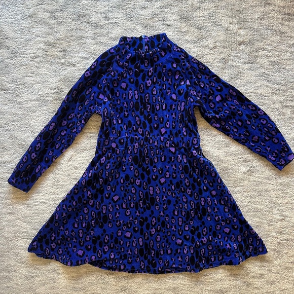 MINI RODINI Organic Brushed Cotton Girls Velour Leopard High Neck Dress 8-9Y